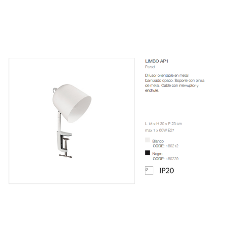 Lampada da tavolo con supporto a morsetto diffusore metallo opaco bianco LIMBO AP1 IDEAL LUX