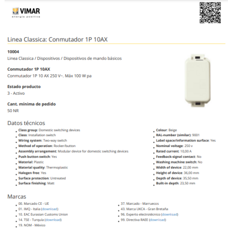 DEVIATORE SERIE LINEA 10004 VIMAR