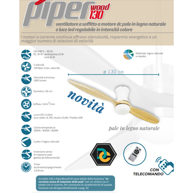 Ventilatore da soffitto 2 pale legno, luce LED, diametro cm130 EV107 PIPER wood130 CFG