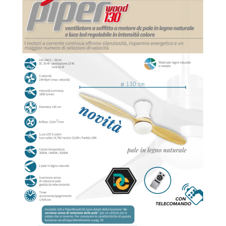 Ventilatore da soffitto 2 pale legno, luce LED, diametro cm130 EV107 PIPER wood130 CFG
