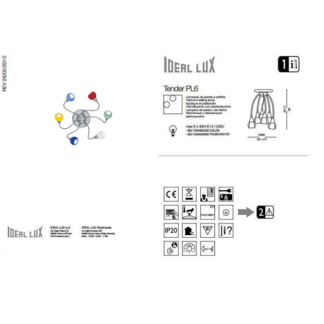 TENDER PL6 PLAFONIERA CON BRACCI FLESSIBILI REGOLABILI  6 VETRI TRASPARENTI/BIANCO IDEALUX TENDER