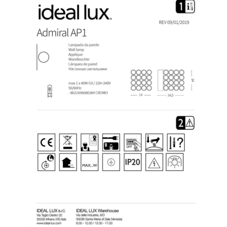 Applique cubetto con cristalli, cromata ADMIRAL AP1 Ideal Lux