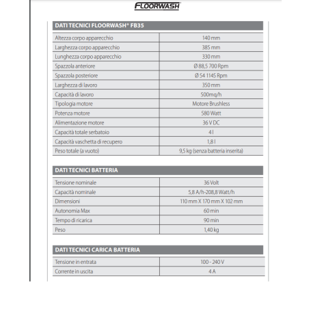 FB35 FLOORWASH LAVA E ASCIUGA PAVIMENTI A RULLI SENZA FILO