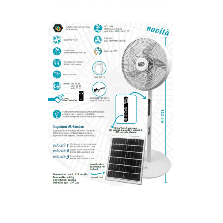 Ventilatore piantana ricaricabile tramite pannello solare o alimentatore EV121 MISTRAL SOLARE CFG