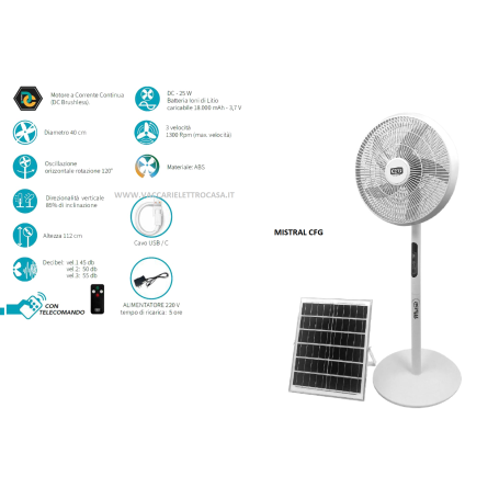 Ventilatore piantana ricaricabile tramite pannello solare o alimentatore EV121 MISTRAL SOLARE CFG