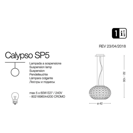 Lampadario sospensione montatura metallo cromato ed elementi cristallo, diametro cm42 CALYPSO SP5 Ideal Lux