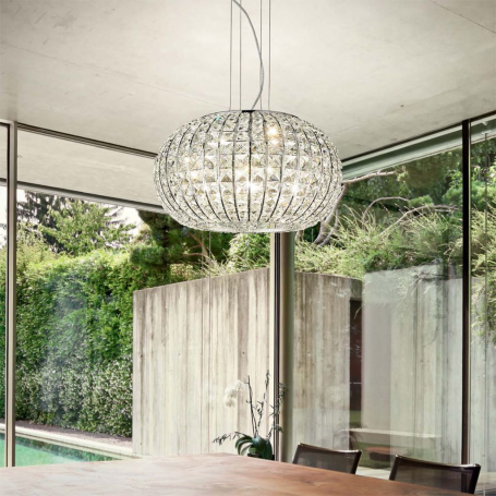 Lampadario sospensione montatura metallo cromato ed elementi cristallo, diametro cm42 CALYPSO SP5 Ideal Lux