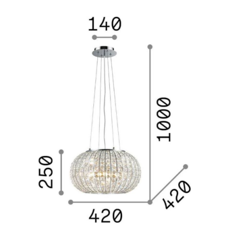 Lampadario sospensione montatura metallo cromato ed elementi cristallo, diametro cm42 CALYPSO SP5 Ideal Lux