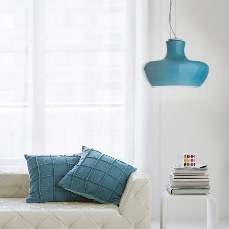 ALADINO SP1 SMALL AZZURRO LAMPADARIO PICCOLE DIMENSIONI IN VETRO OPALE COLOR TURCHESE E MONTATURA BIANCA