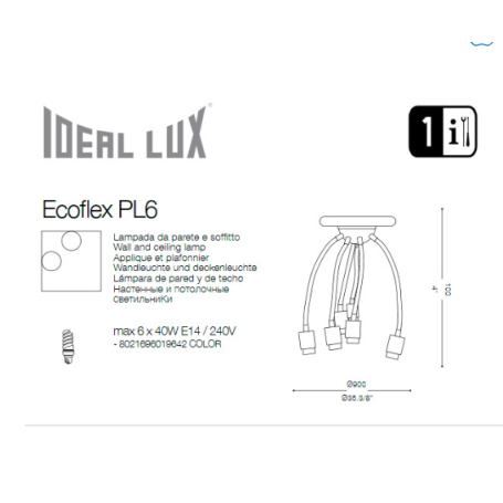 PLAFONIERA CON BRACCI FLESSIBILI E VETRI MULTICOLOR ECOFLEX PL6 IDEALLUX