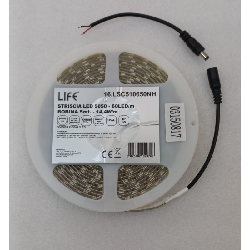 striscia LED m.5 luce naturale 300 led 12v 14.4w IP65 LIFE