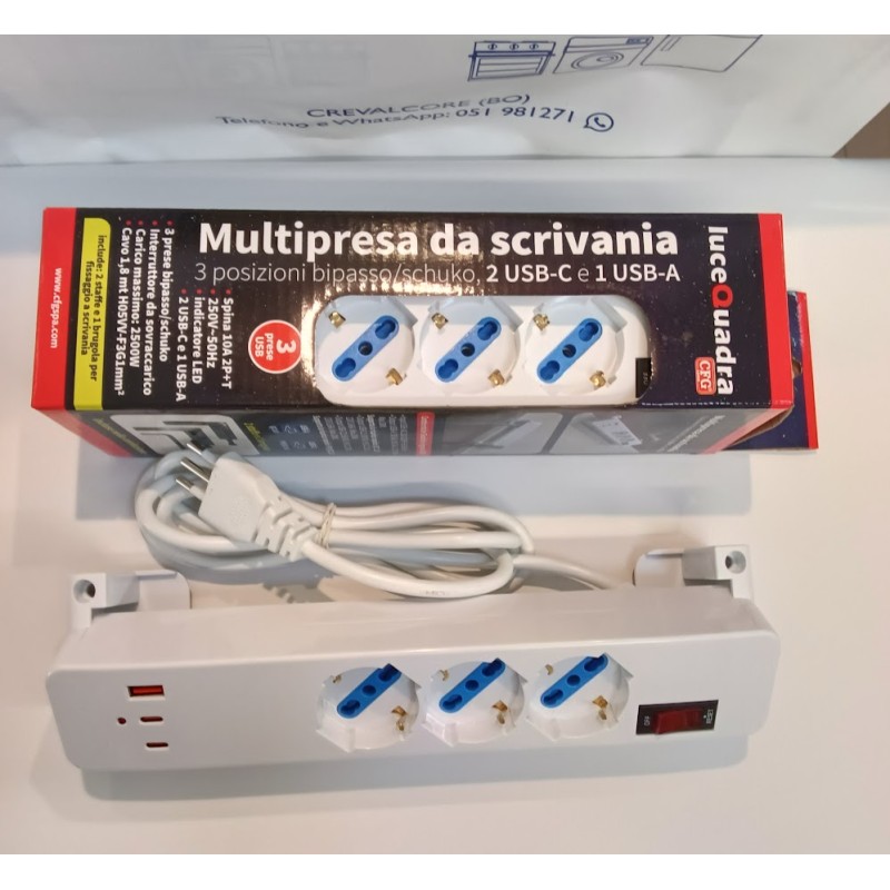 Multipresa da scrivania, 3 posizioni bipasso/schuko, 2 USB-C e 1 USB-A.