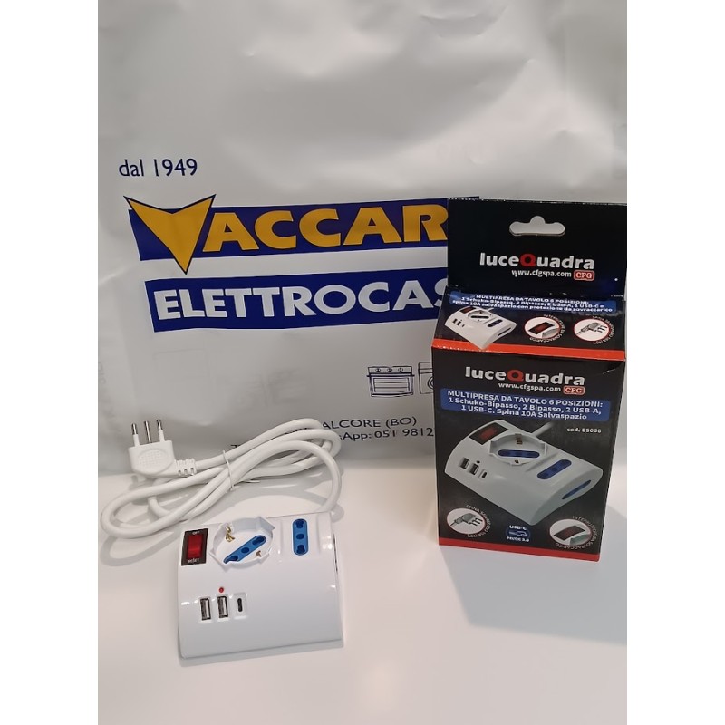 Multipresa da tavolo 6 posizioni: 1 Schuko-Bipasso, 2 Bipasso, 2 USB-A, 1 USB-C. Spina 10A Salvaspazio.