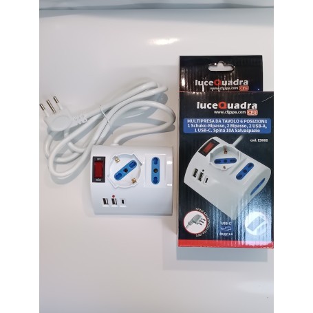 Multipresa da tavolo 1 schuko, 2 bipasso, 2 USB, 1 USB-C, spina 10A ES066 CFG