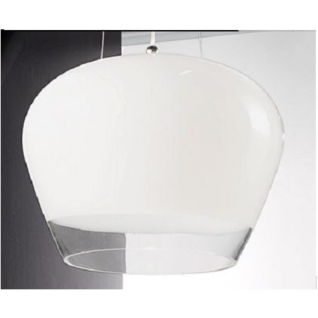 Lampada a sospensione in vetro opale lucido con bordo trasparente e montatura in nichel spazzolato DUEP 