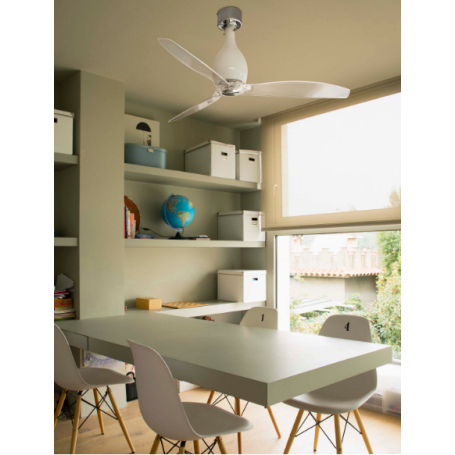 FARO ventilatore soffitto moderno  in cristallo  bianco BRILLANTE TRASPARENTE e CROMO senza luce 3 pale  MINI ETERFAN motore DC