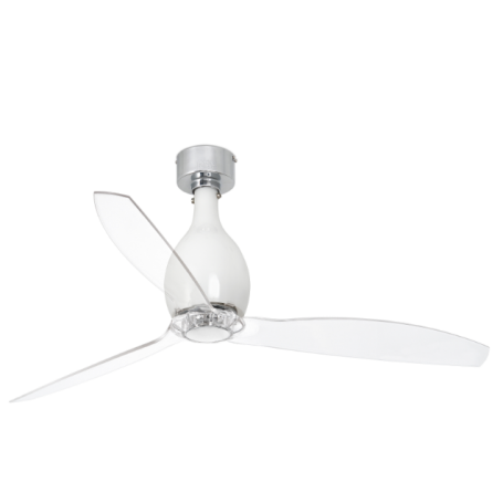 FARO ventilatore soffitto moderno  in cristallo  bianco BRILLANTE TRASPARENTE e CROMO senza luce 3 pale  MINI ETERFAN motore DC