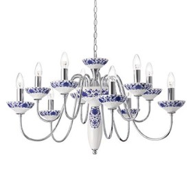 Lampadario a sospensione con montatura in metallo cromato e diffusore in ceramica bianca con decori blu. BASSANO SP10 IDEAL LUX