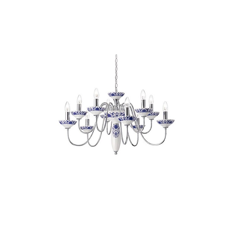 Lampadario a sospensione con montatura in metallo cromato e diffusore in ceramica bianca con decori blu. BASSANO SP10 IDEAL LUX