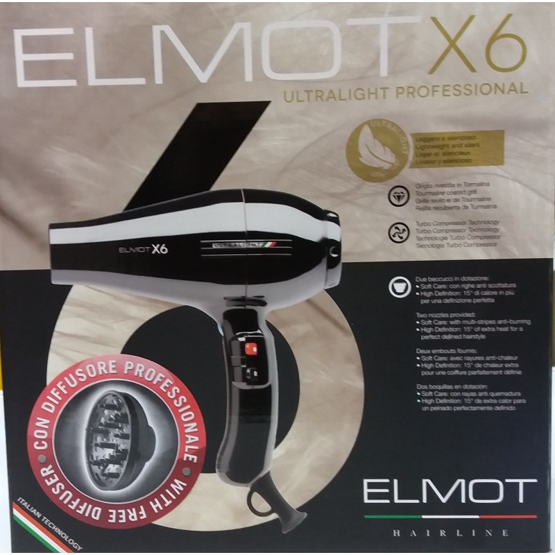 Asciugacapelli leggero e silenzioso con diffusore elmot x6