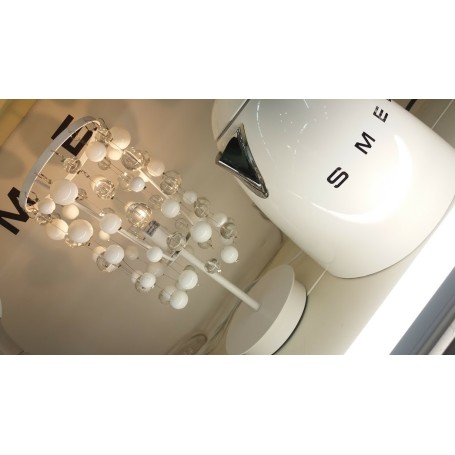 Lampada da tavolo con base in metallo e fili di nylon con sfere di vetro bianche e trasparenti. NEVE TL1 IDEAL LUX
