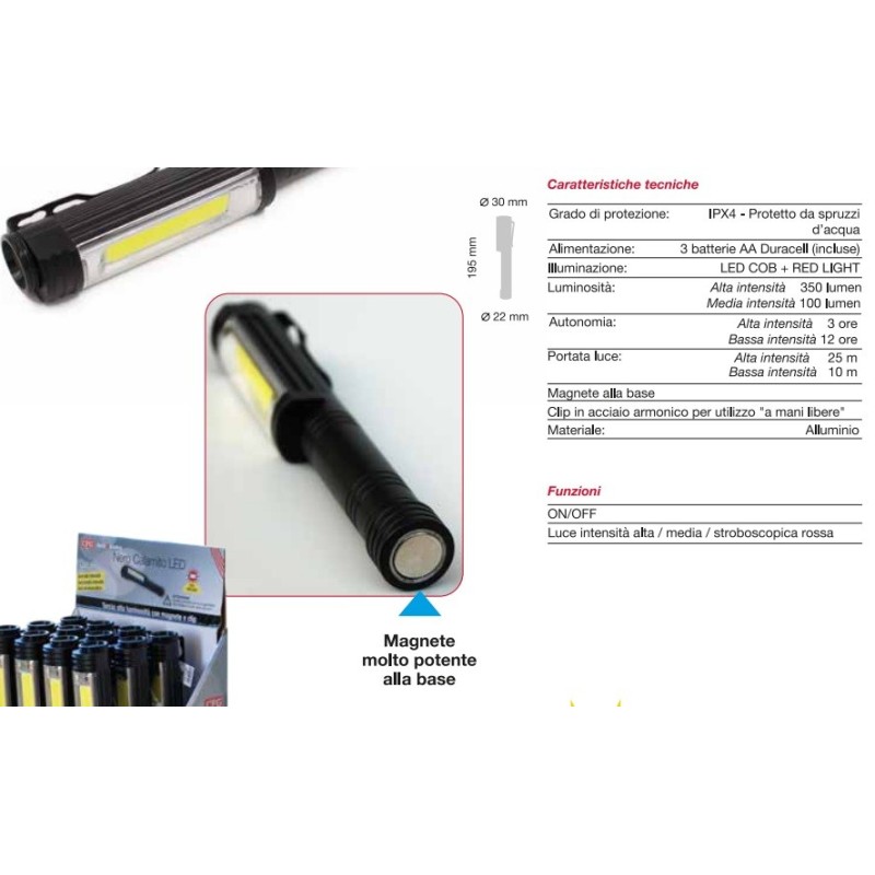 torcia metallo LED  - nera - calamita - 3 AA -