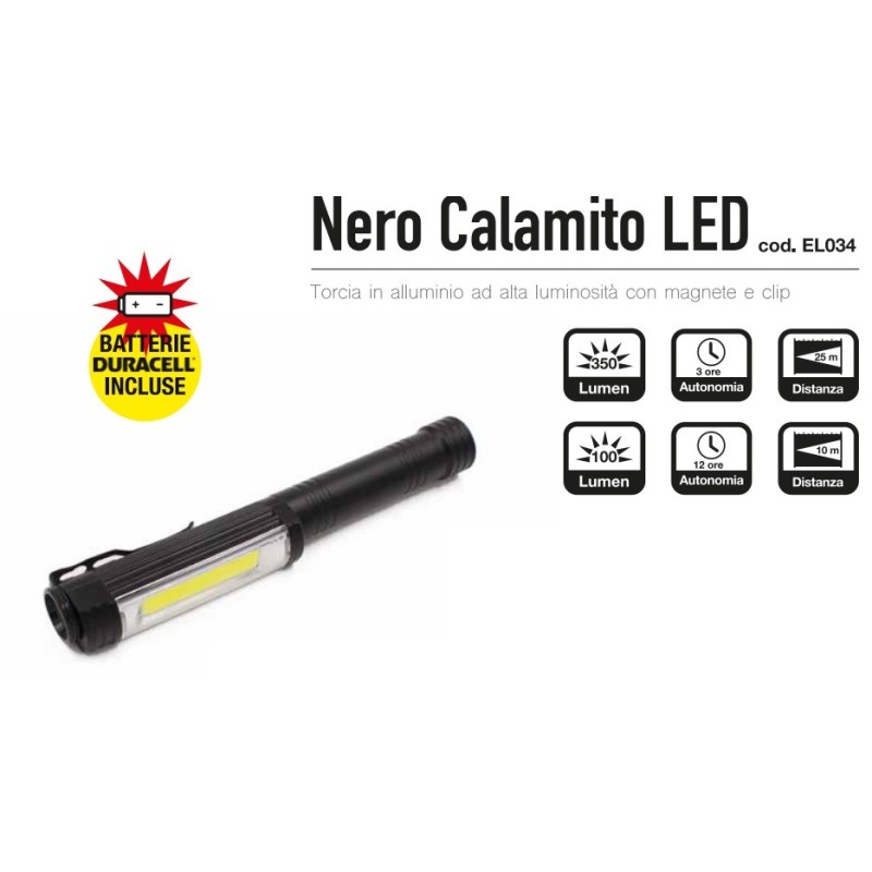 torcia metallo LED  - nera - calamita - 3 AA -