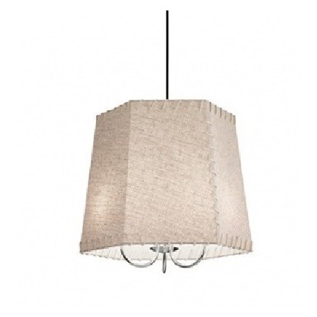 Lampadario a sospensione con dettagli e montatura in metallo cromato. Paralume in lamina di PVC, rivestito da tessuto e decorato