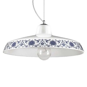 Lampadario a sospensione con montatura in metallo cromato e diffusore in ceramica bianca con decorazioni blu IDEAL LUX BASSANO S
