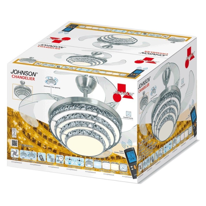 Ventilatore da soffitto con pale a scomparsa, con luce e cristalli e telecomando CHANDELIER JOHNSON