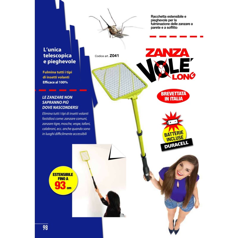 RACCHETTA FULMINA ZANZARE e INSETTI PIEGHEVOLE ed ALLUNGABILE  a batteria zanzavole'long