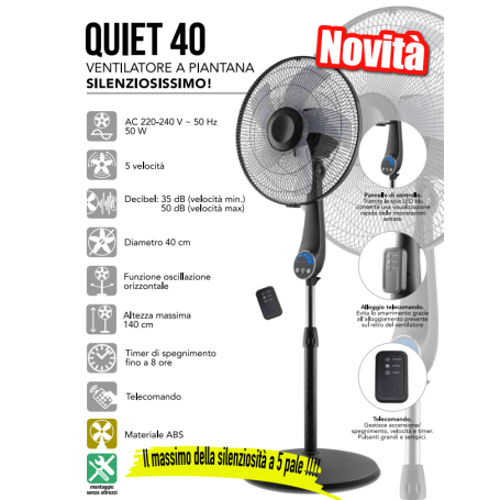 Ventilatore piantana cm40 nero 5 pale silenziosissimo con telecomando EV074 QUIET CFG