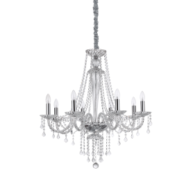 Lampadario sospensione montatura metallo cromato, elementi decorativi in vetro soffiato e cristallo molato IDEAL LUX AMADEUS SP8