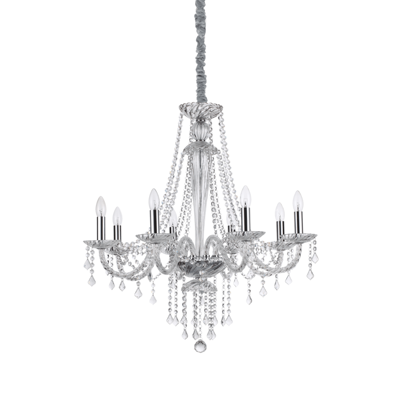 Lampadario sospensione montatura metallo cromato, elementi decorativi in vetro soffiato e cristallo molato IDEAL LUX AMADEUS SP8