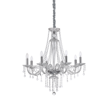 Lampadario sospensione montatura metallo cromato, elementi decorativi in vetro soffiato e cristallo molato IDEAL LUX AMADEUS SP8