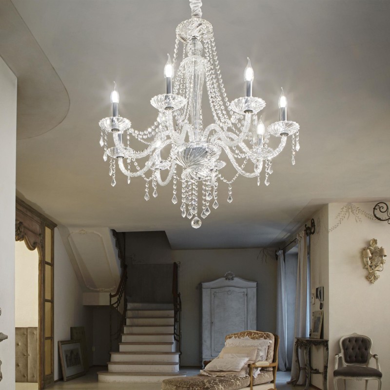 Lampadario sospensione montatura metallo cromato, elementi decorativi in vetro soffiato e cristallo molato IDEAL LUX AMADEUS SP8