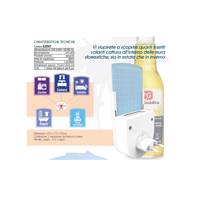 LUCETRAP LED PUNTO LUCE CATTURA ZANZARE DA PRESA PICCOLO CON ADESIVO