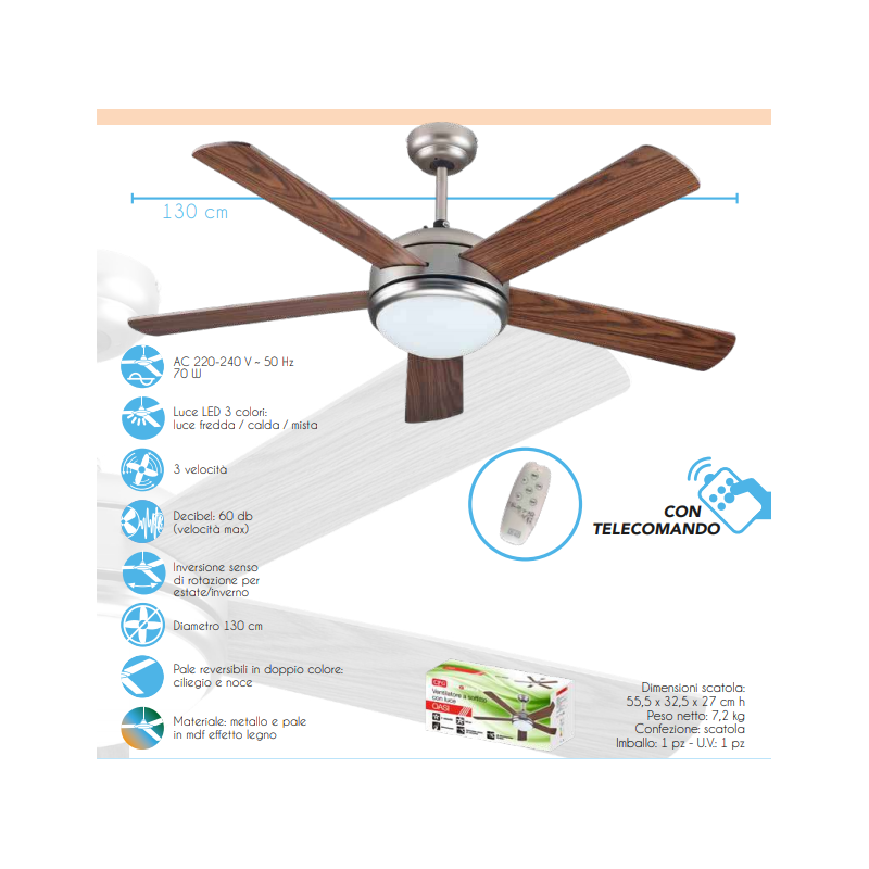VENTILATORE SOFFITTO LUCE LED TELECOMANDO