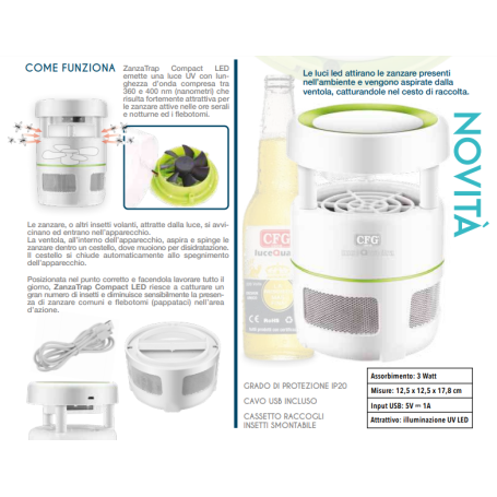 CATTURA ZANZARE DA INTERNO ACON LUCE A LED BIANCO USB