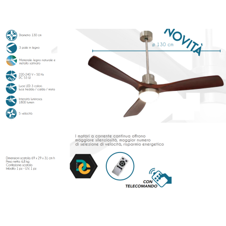 DC130 CFG Ventilatore 3 pale luce a Led motore silenzioso con telecomando