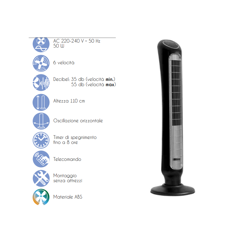 Ventilatore a torre con telecomando 6 velocità nero CFG TORRE LUX