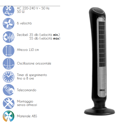 Ventilatore a torre con telecomando 6 velocità nero CFG TORRE LUX