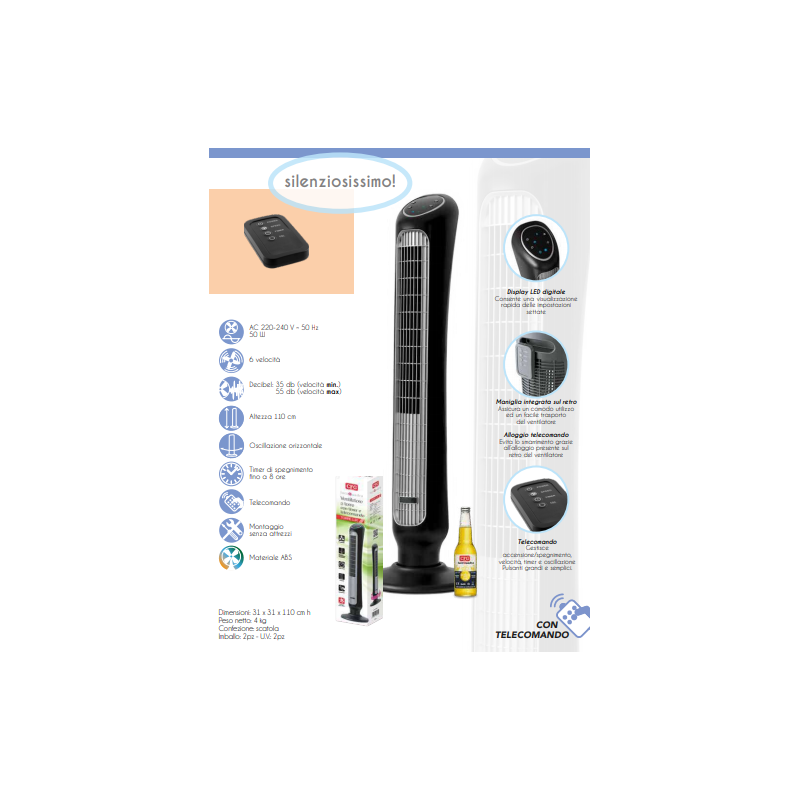 Ventilatore a torre con telecomando 6 velocità nero CFG TORRE LUX