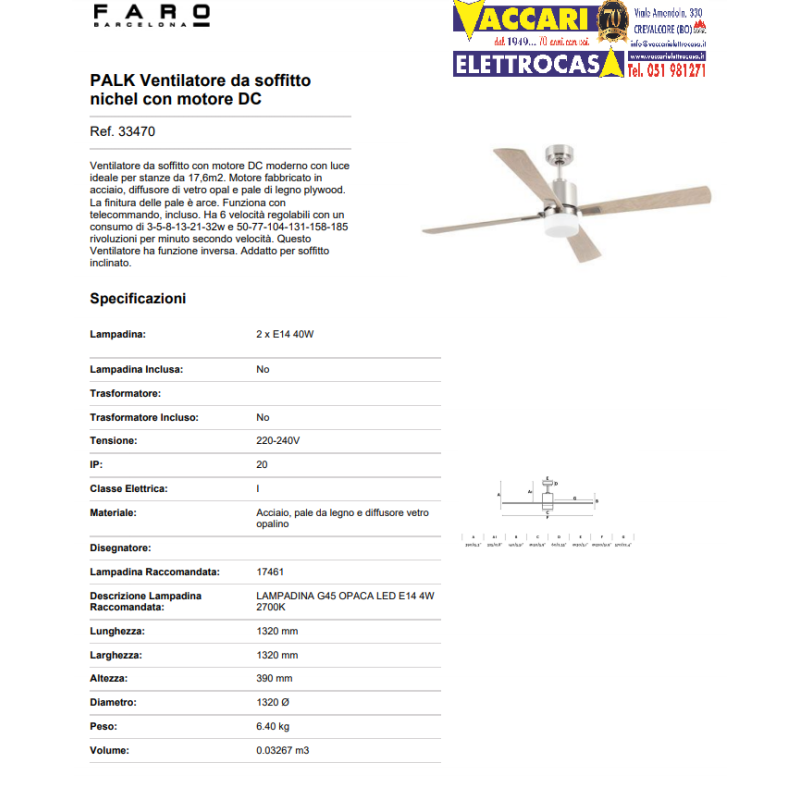 PALK Pala da soffitto con luce in acciaio...