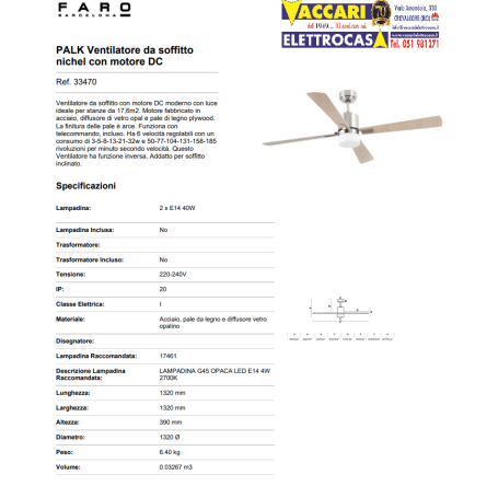 PALK Pala da soffitto con luce in acciaio satinato 4 pale in acero   PALK-FARO