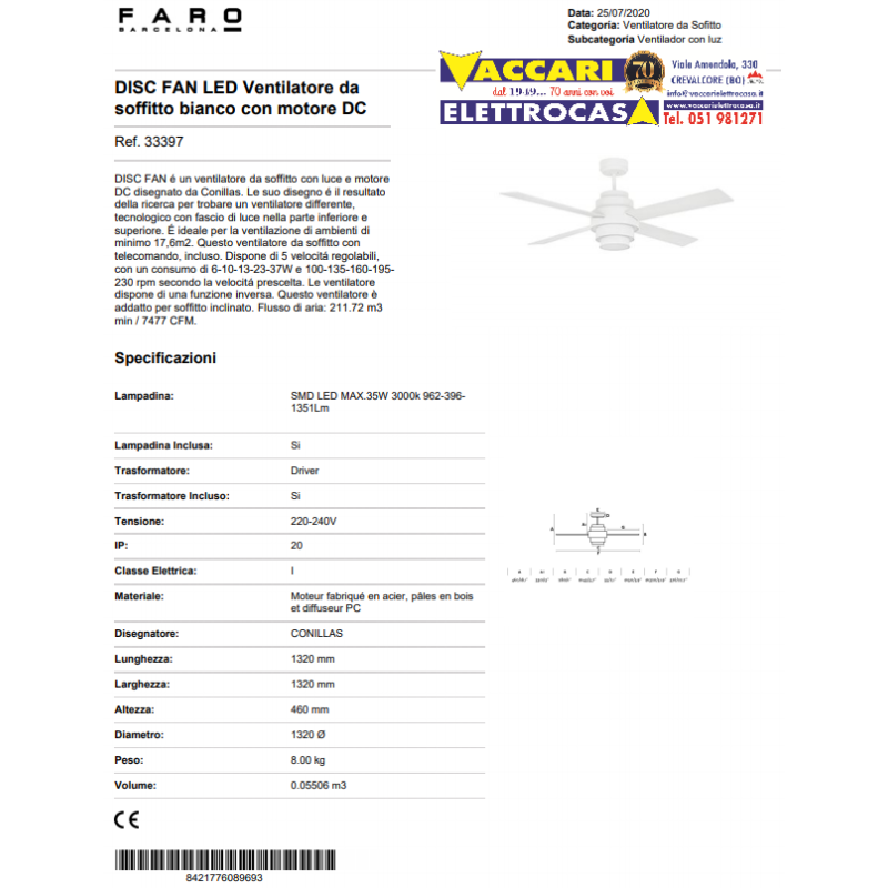 Ventilatore da soffitto con luce 4 pale, bianco, con telecomando 33397 DISC FAN FARO