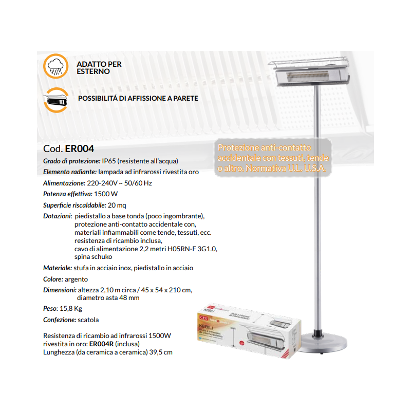 PIANTANA RISCALDANTE PER ESTERNO ALTA 2 METRI Stufa infrarossi 1500W con piedistallo KEBILI CFG ER004