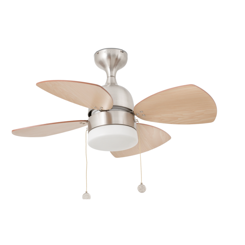 Ventilatore soffitto con luce, 4 pale, nikel opaco/legno 33706 MEDITERRANEO