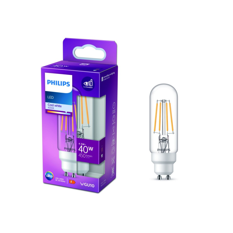Lampadina GU10 PHILIPS bulbo filamento LED 4,5W (40W) 4000K cool white 9290030918 PHILIPS