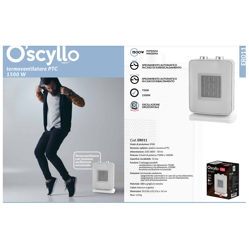 Termoventilatore piastra ceramica PTC 1500W ER011 O'SCYLLO CFG